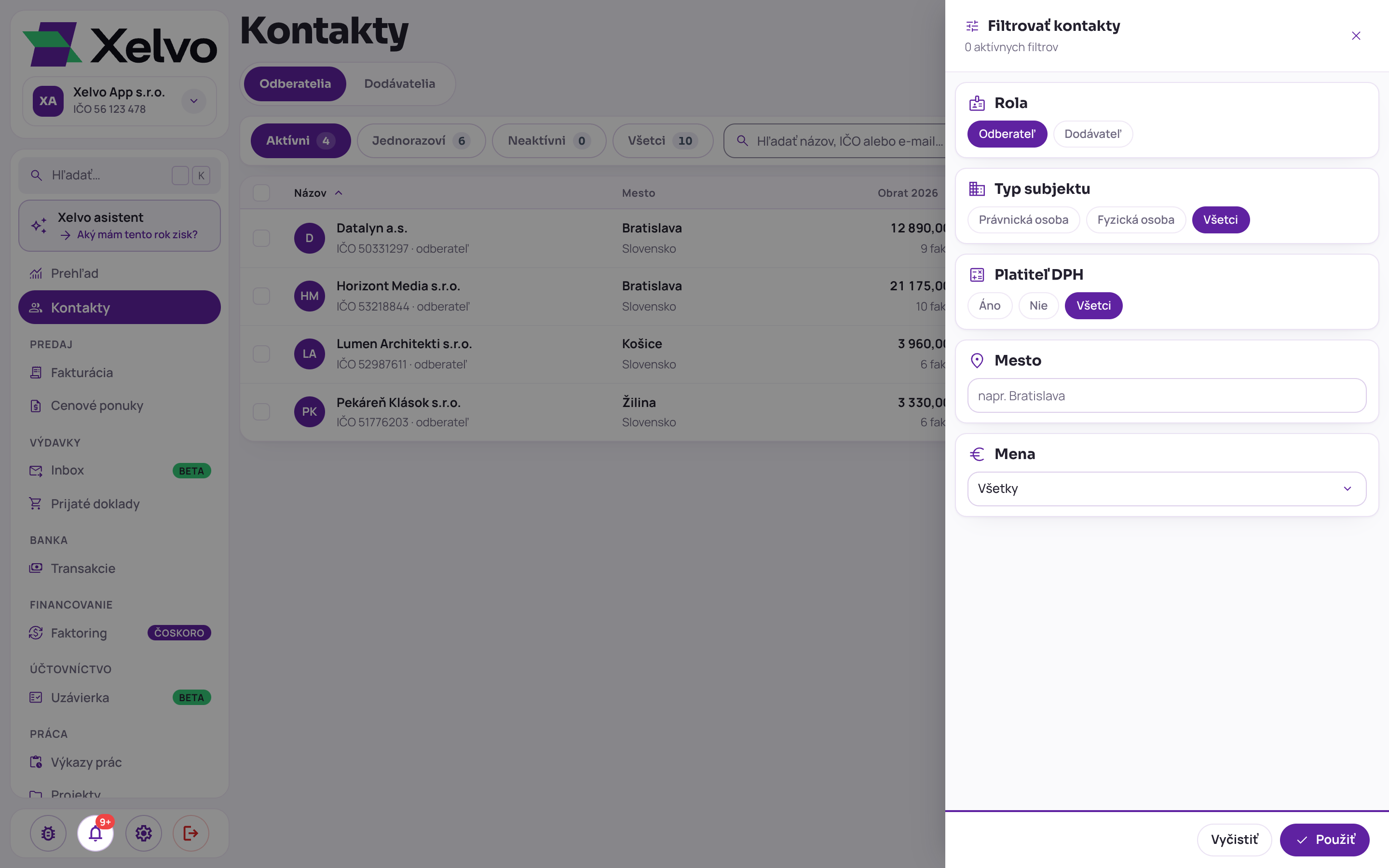 Panel Filtrovať kontakty v Xelve s voľbami Rola, Typ subjektu, Platiteľ DPH, Mesto a Mena
