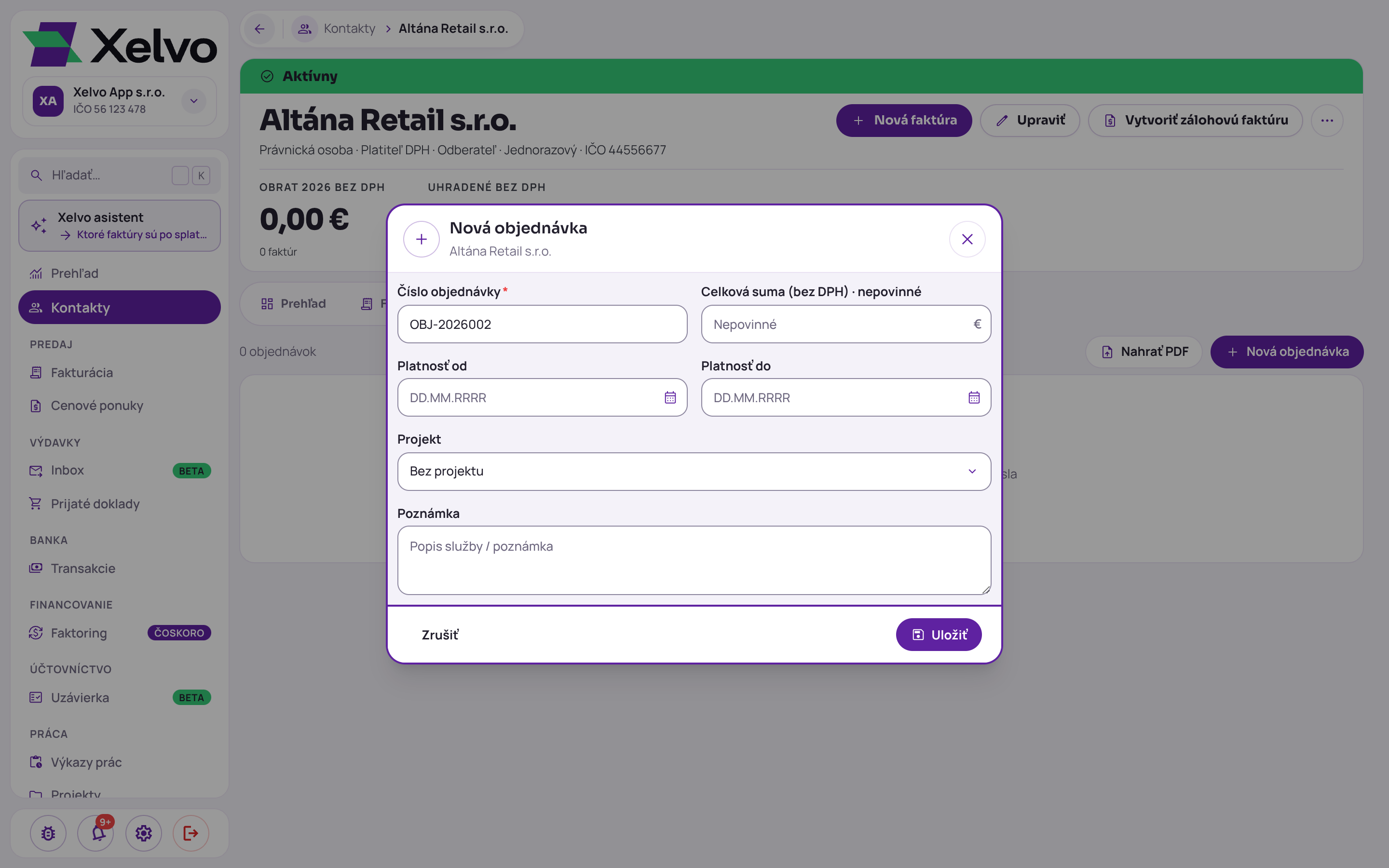 Okno Nová objednávka pri kontakte Altána Retail s.r.o.: povinné číslo objednávky, celková suma bez DPH označená ako nepovinná, platnosť od a do, výber projektu a poznámka