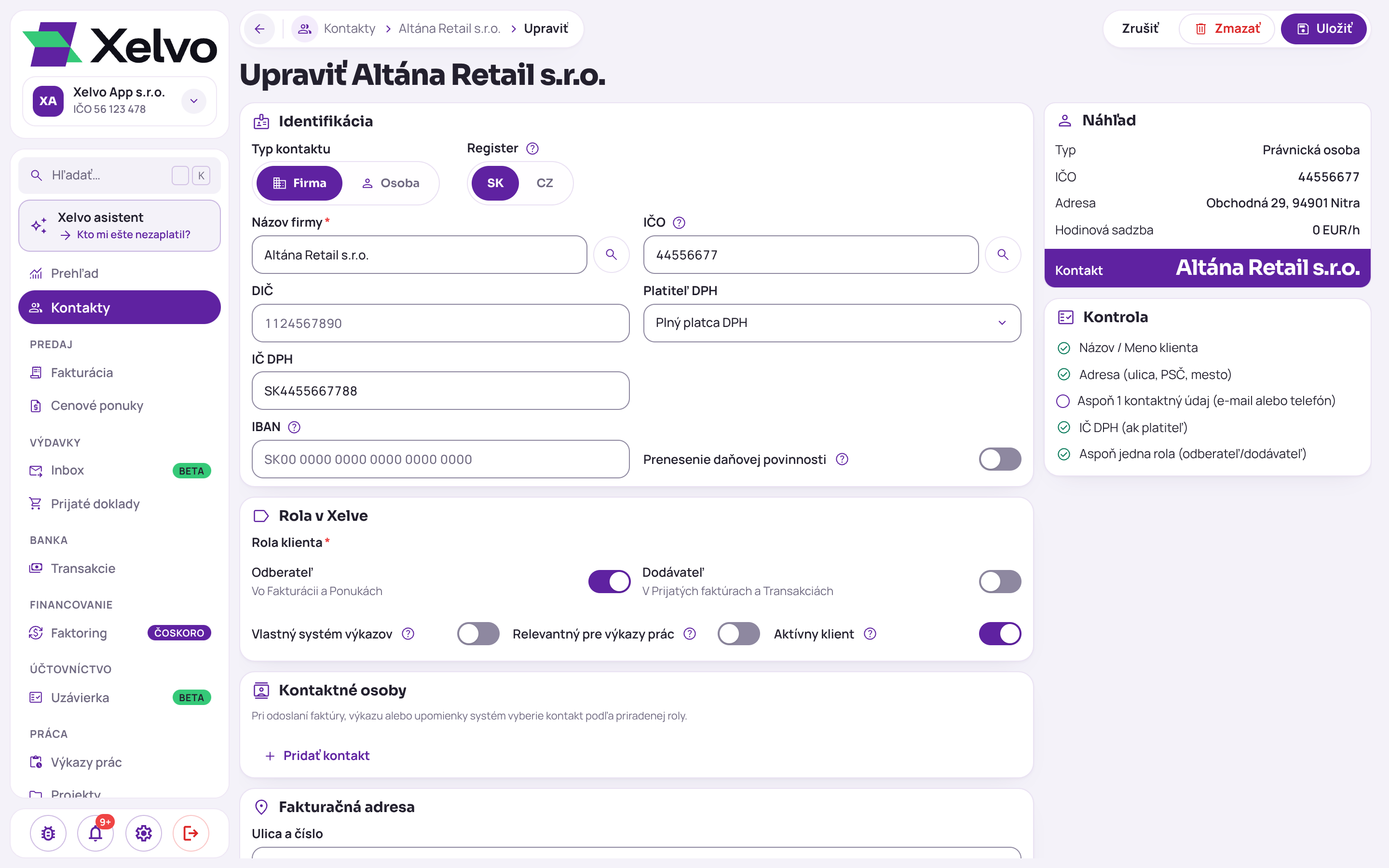 Úprava kontaktu v Xelve: Plný platca DPH s vyplneným IČ DPH, pole IBAN, prepínač Prenesenie daňovej povinnosti a časť Rola v Xelve s prepínačmi Odberateľ, Dodávateľ a Aktívny klient