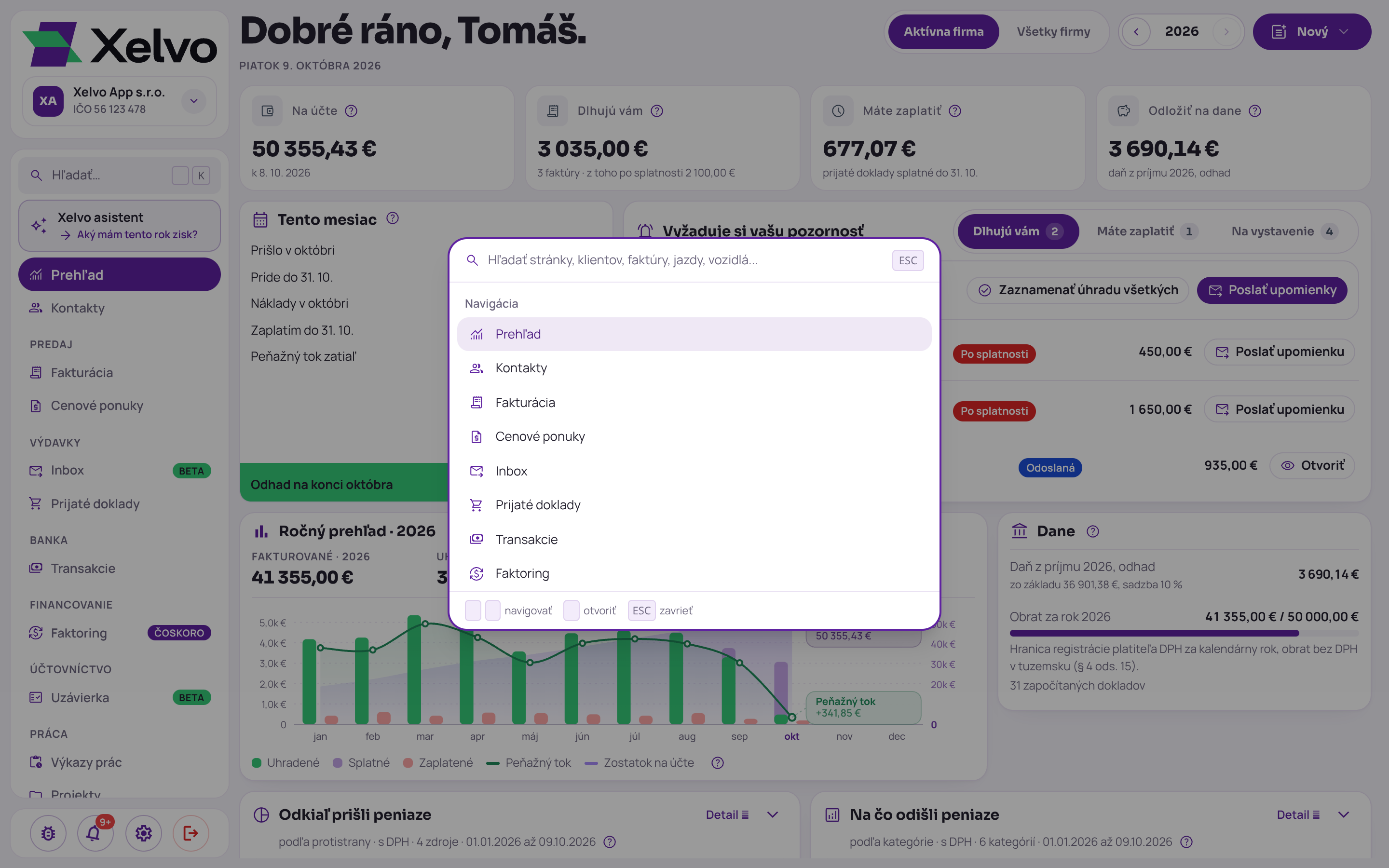 Okno hľadania v Xelve nad Prehľadom: pole Hľadať stránky, klientov, faktúry, jazdy, vozidlá a pod ním navigácia po moduloch