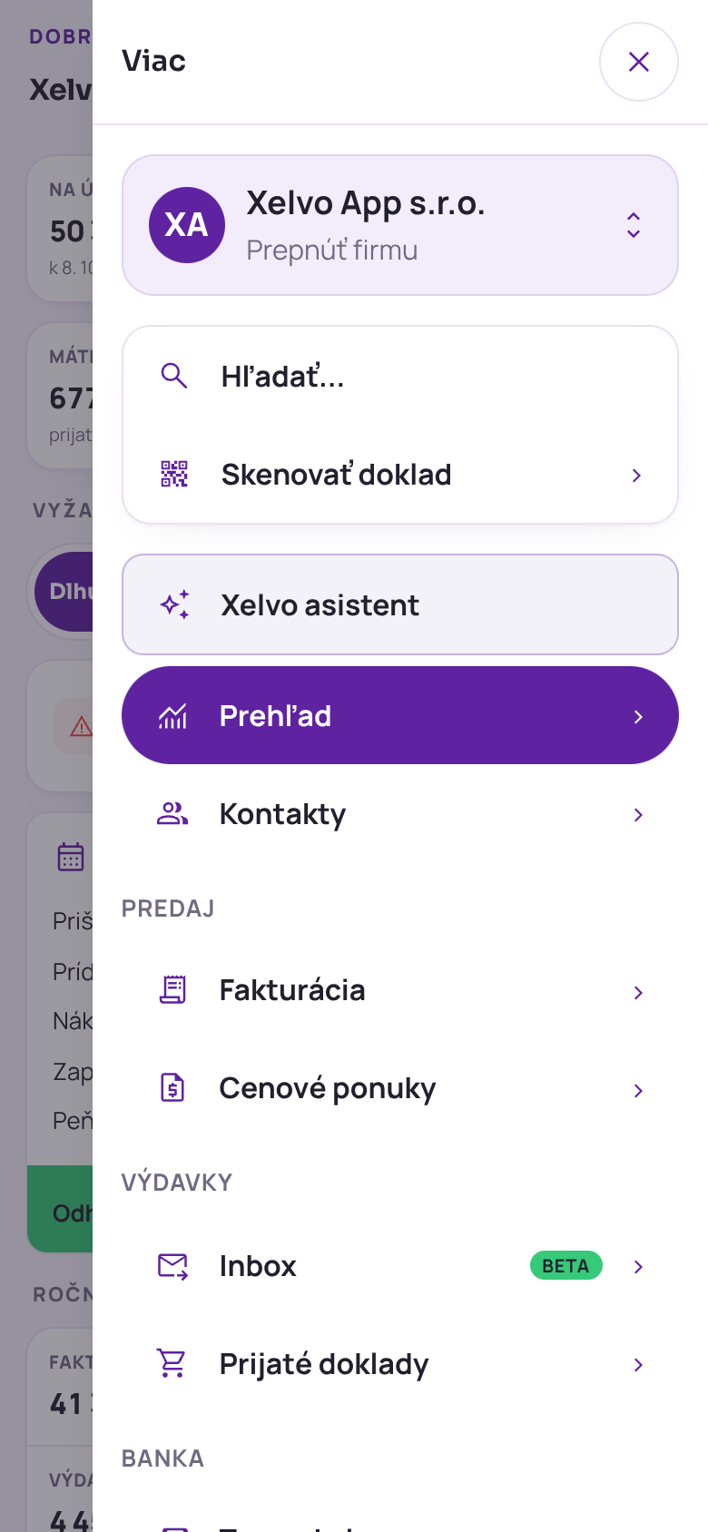 Menu Viac v telefóne: prepnutie firmy, Hľadať, Skenovať doklad, Xelvo asistent a moduly appky po skupinách