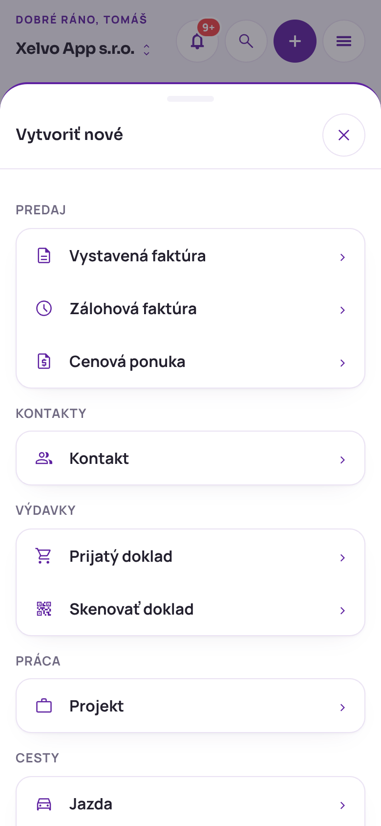 Okno Vytvoriť nové na telefóne v Xelve so skupinami Predaj, Kontakty, Výdavky, Práca a Cesty: vystavená a zálohová faktúra, cenová ponuka, kontakt, prijatý doklad, skenovanie dokladu, projekt a jazda