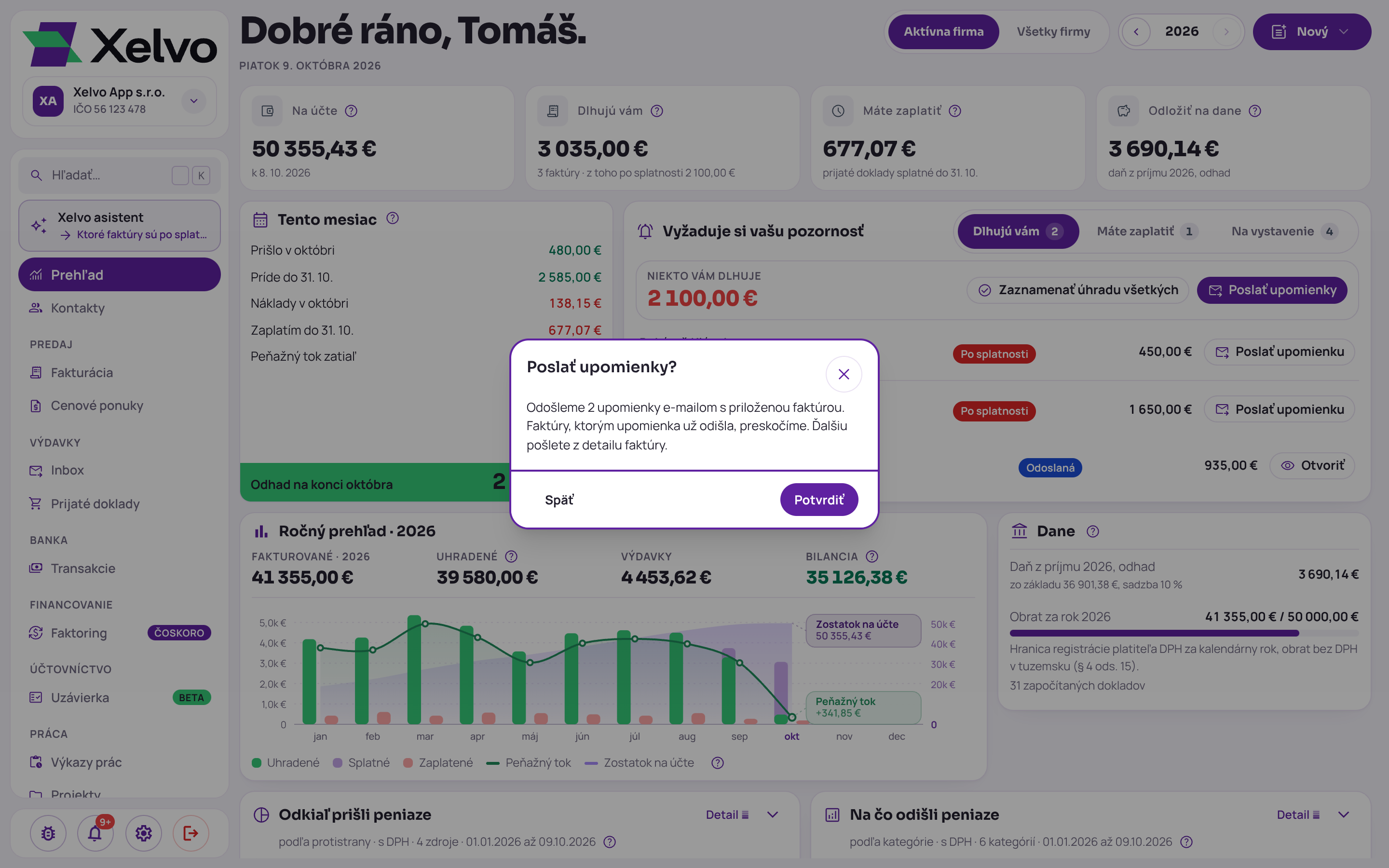 Potvrdzovacie okno Poslať upomienky? nad Prehľadom: Odošleme 2 upomienky e-mailom s priloženou faktúrou, faktúry s odoslanou upomienkou preskočíme, tlačidlá Späť a Potvrdiť