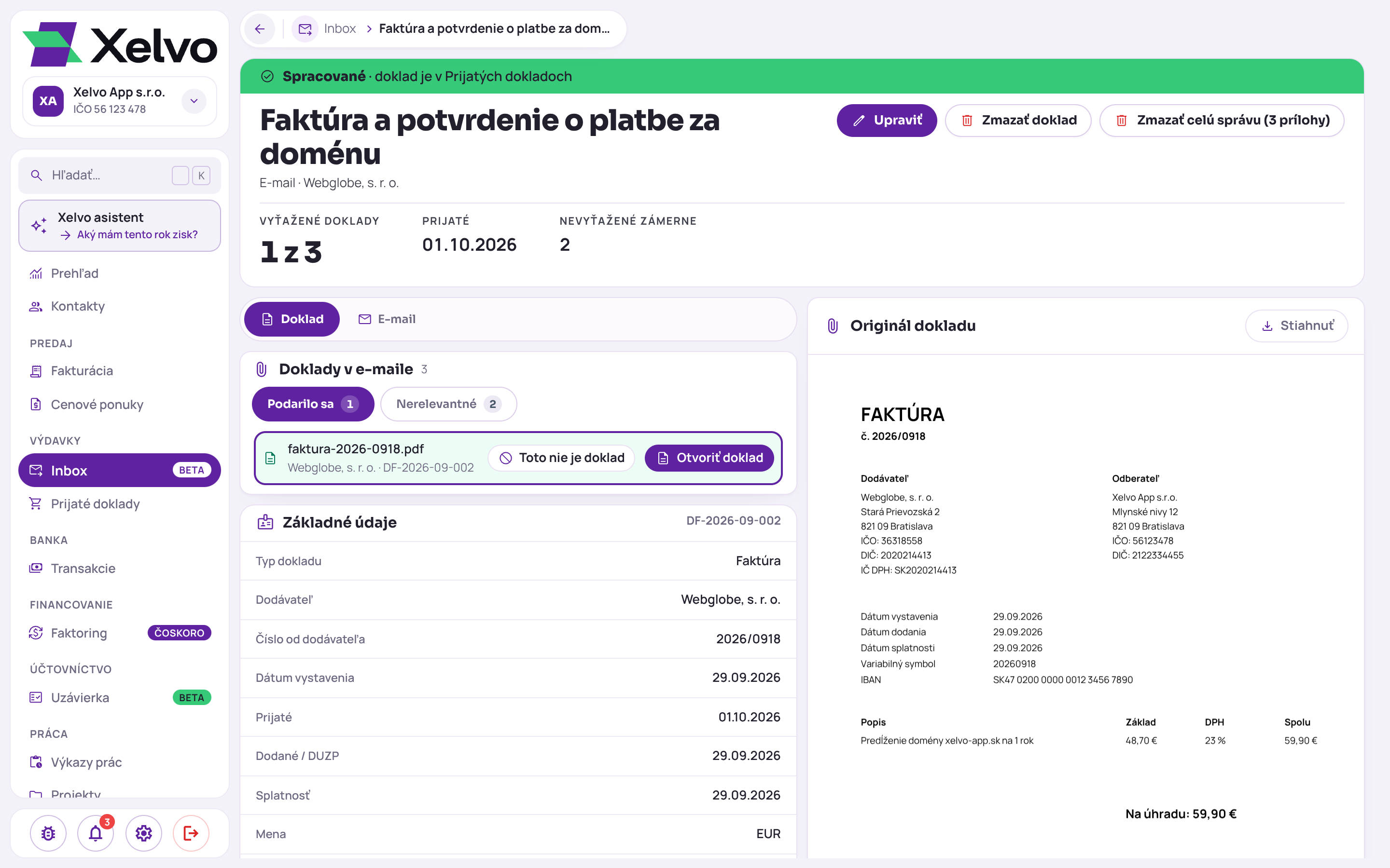 Detail úspešne vyťaženej správy v Inboxe so stavom Spracované: vľavo údaje vyťažené z faktúry dodávateľa, vpravo originál dokladu v PDF