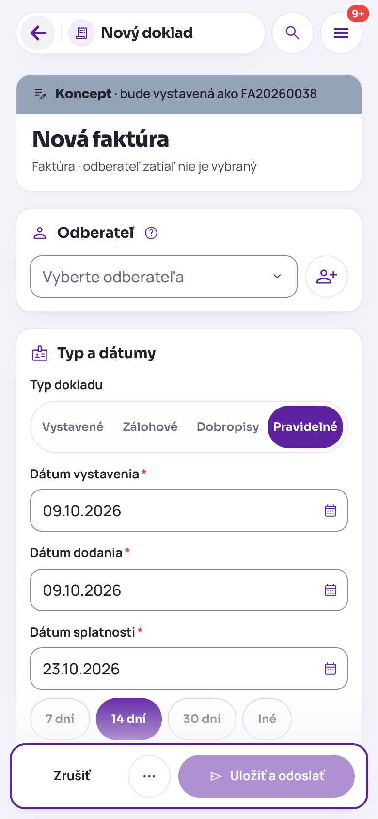 Nová faktúra na telefóne so zvoleným typom dokladu Pravidelné, výberom odberateľa a dátumami vystavenia, dodania a splatnosti