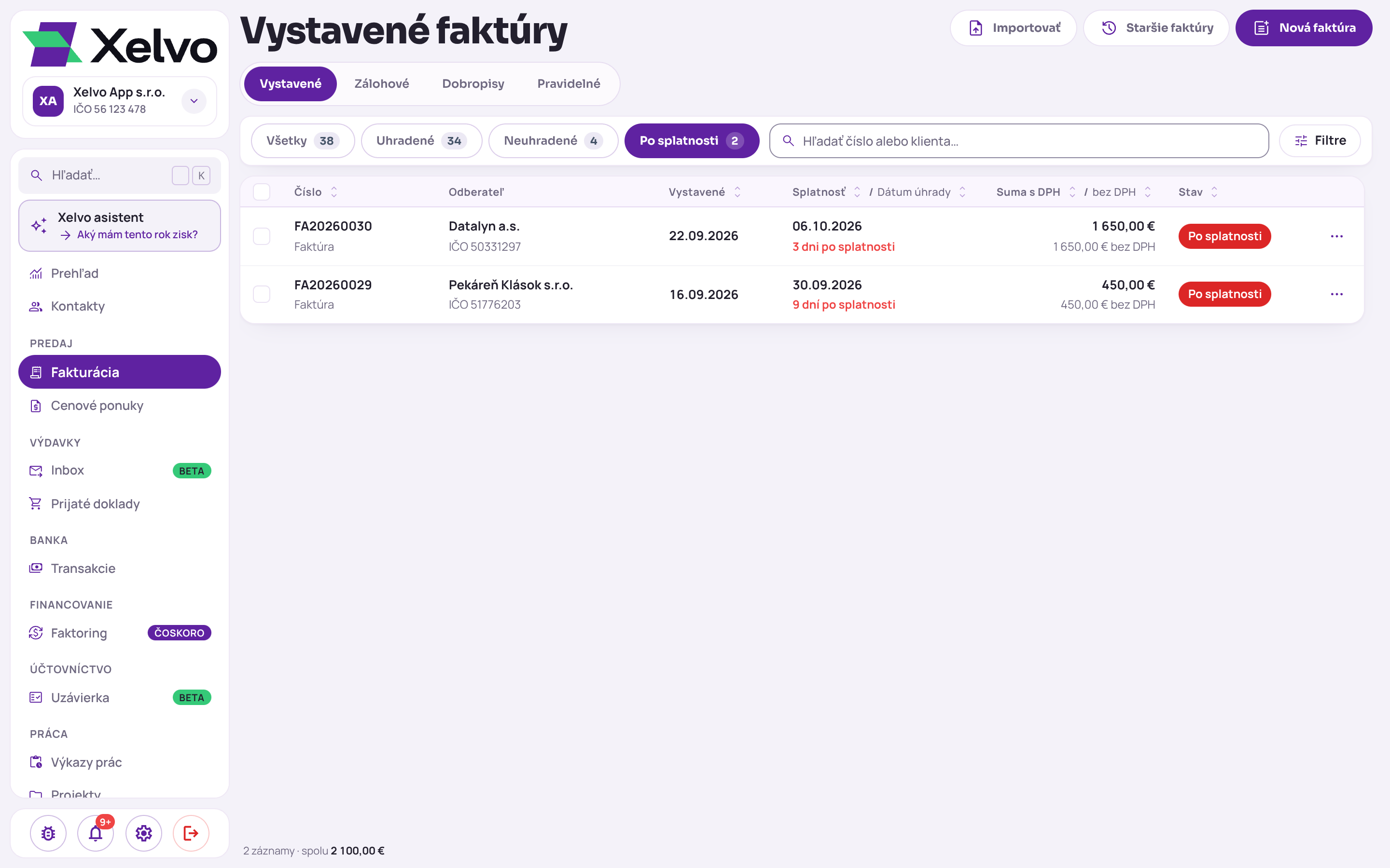 Vystavené faktúry s filtrom Po splatnosti: číslo faktúry, odberateľ s IČO, dátum vystavenia, splatnosť s počtom dní po splatnosti, suma a stav Po splatnosti