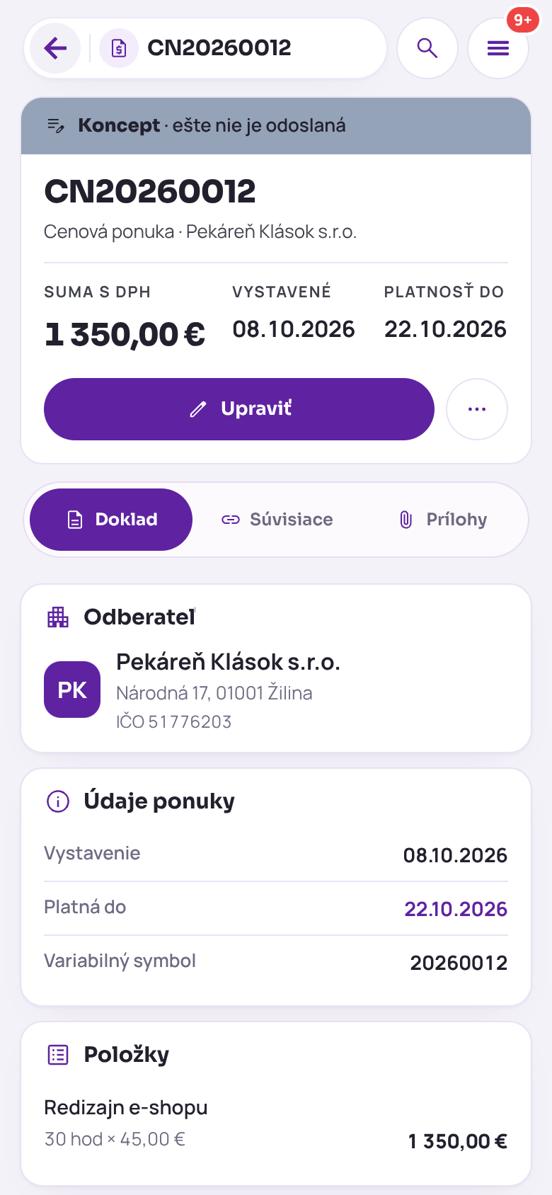 Detail vypršanej cenovej ponuky na telefóne: stav Vypršaná, suma s DPH, dátum vystavenia, platnosť, hlavné tlačidlo Vytvoriť kópiu, tlačidlo Upraviť a záložky Doklad, Súvisiace a Prílohy
