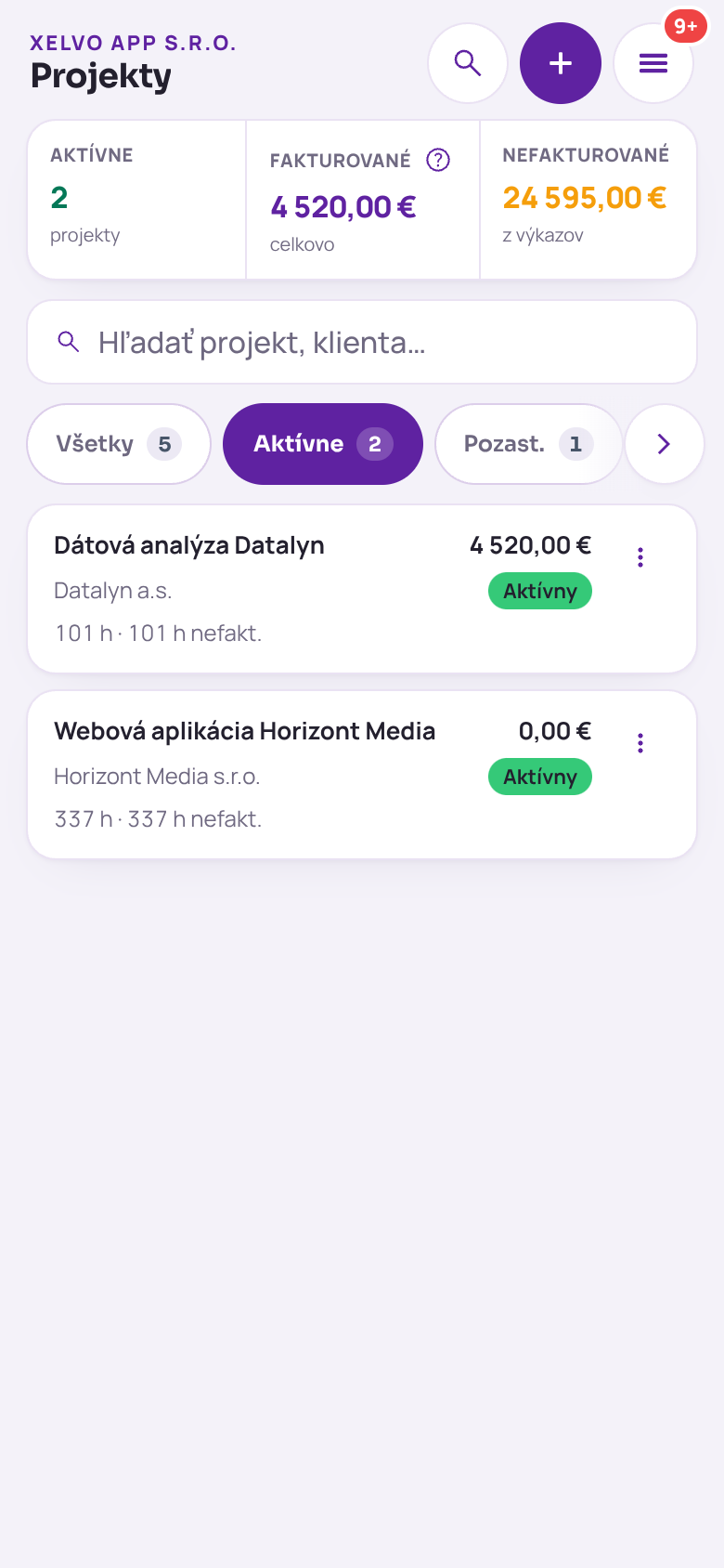 Projekty na telefóne: súhrn aktívnych projektov, fakturovanej a nefakturovanej sumy z výkazov a karty projektov s hodinami