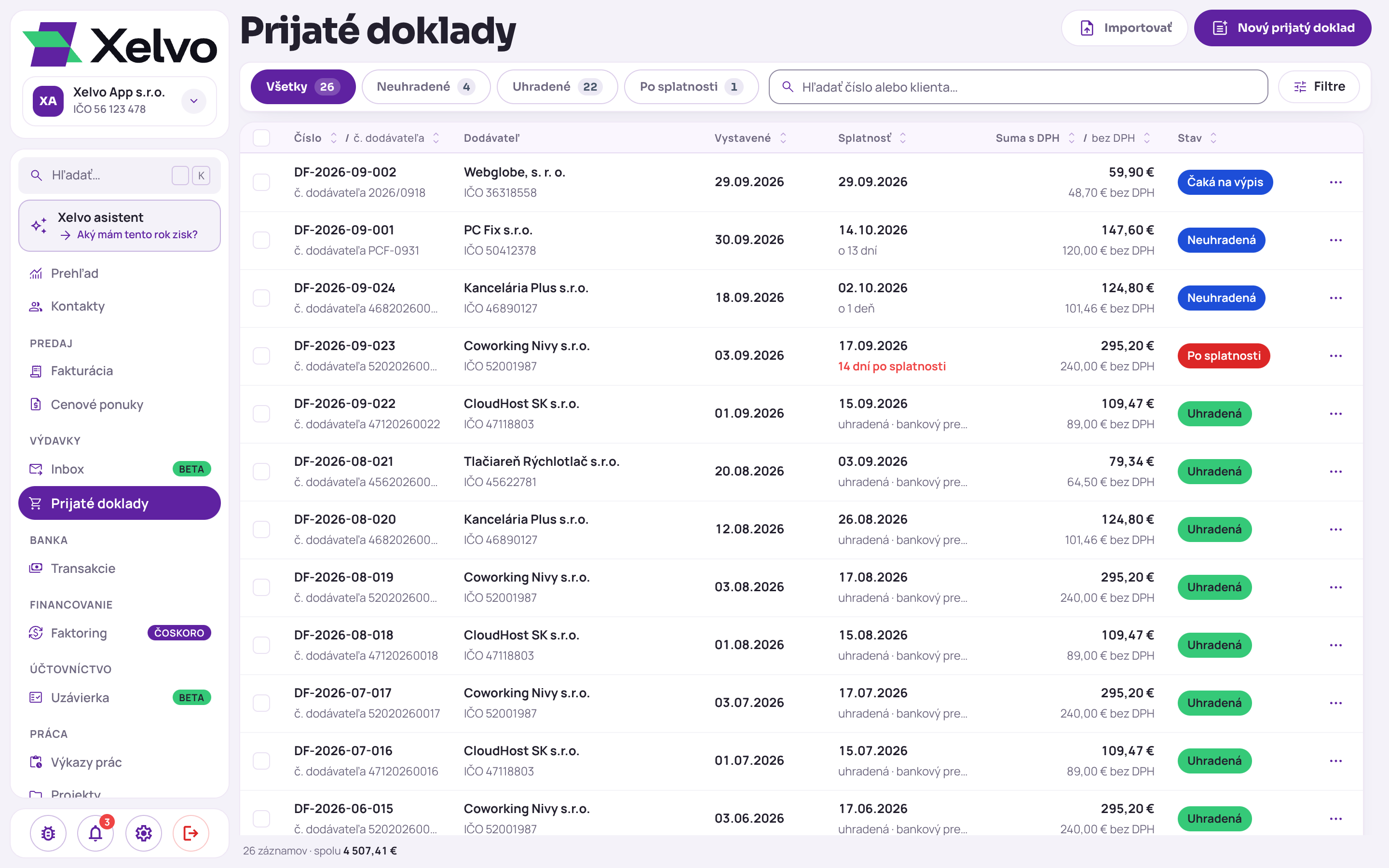 Zoznam prijatých dokladov s dodávateľmi, dátumami, sumami a stavmi Uhradená a Neuhradená