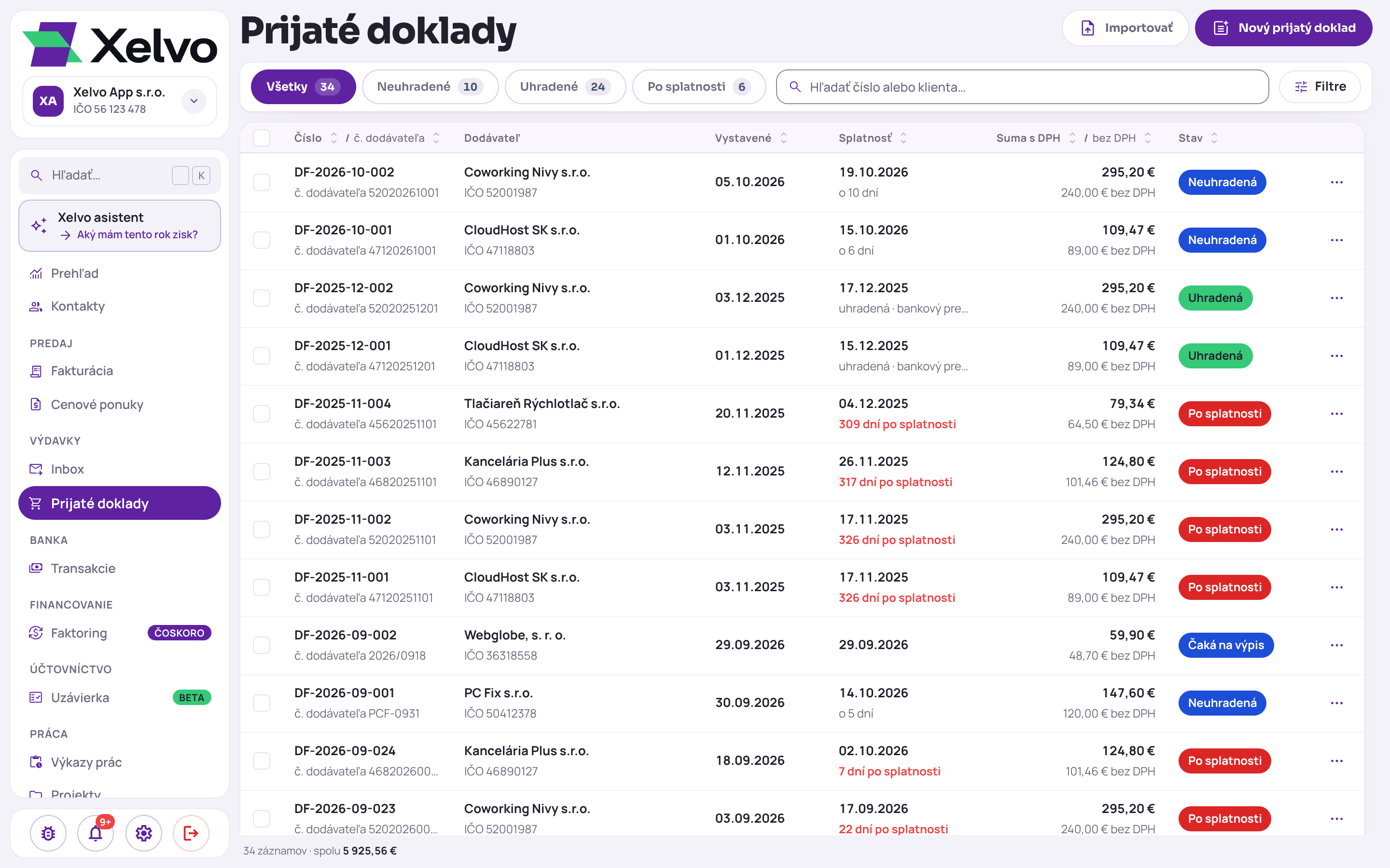 Prijaté doklady na počítači so záložkou Všetky: číslo dokladu, dodávateľ s IČO, dátum vystavenia, splatnosť, suma s DPH a bez DPH a stav Neuhradená, Uhradená, Po splatnosti alebo Čaká na výpis