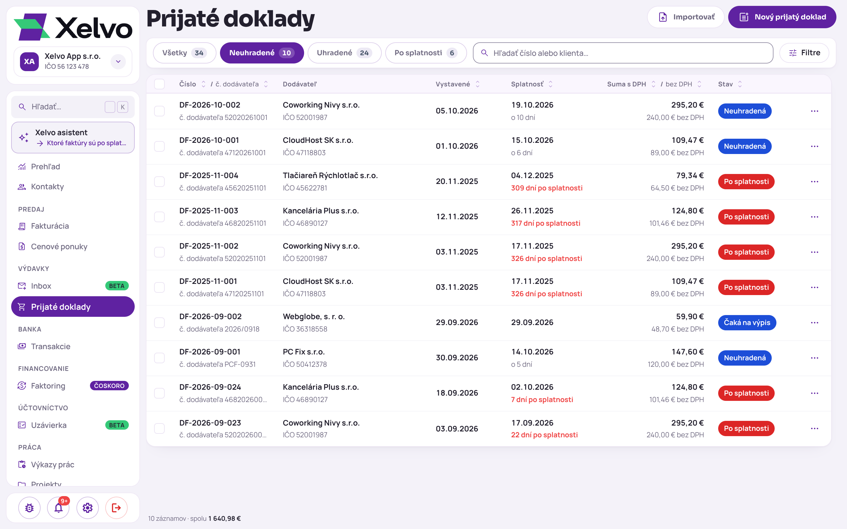 Prijaté doklady na počítači so zvolenou záložkou Neuhradené: dodávateľ, dátum vystavenia, splatnosť s počtom dní do nej alebo po nej, suma s DPH a stav Neuhradená, Po splatnosti alebo Čaká na výpis