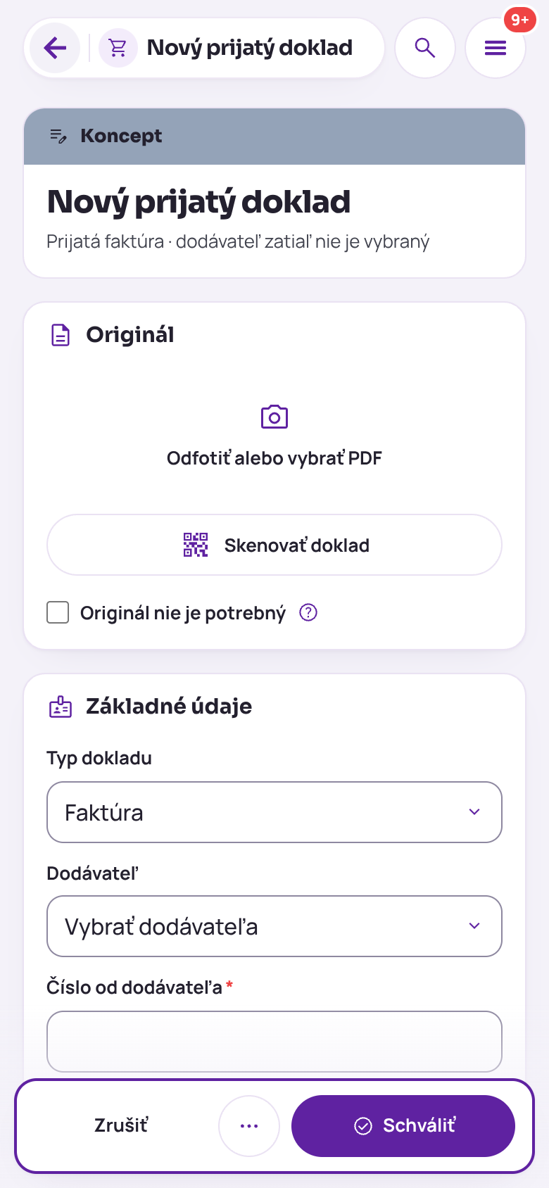 Nový prijatý doklad v telefóne: časť Originál s voľbou Odfotiť alebo vybrať PDF a s tlačidlom Skenovať doklad, pod ňou typ dokladu, dodávateľ a číslo od dodávateľa