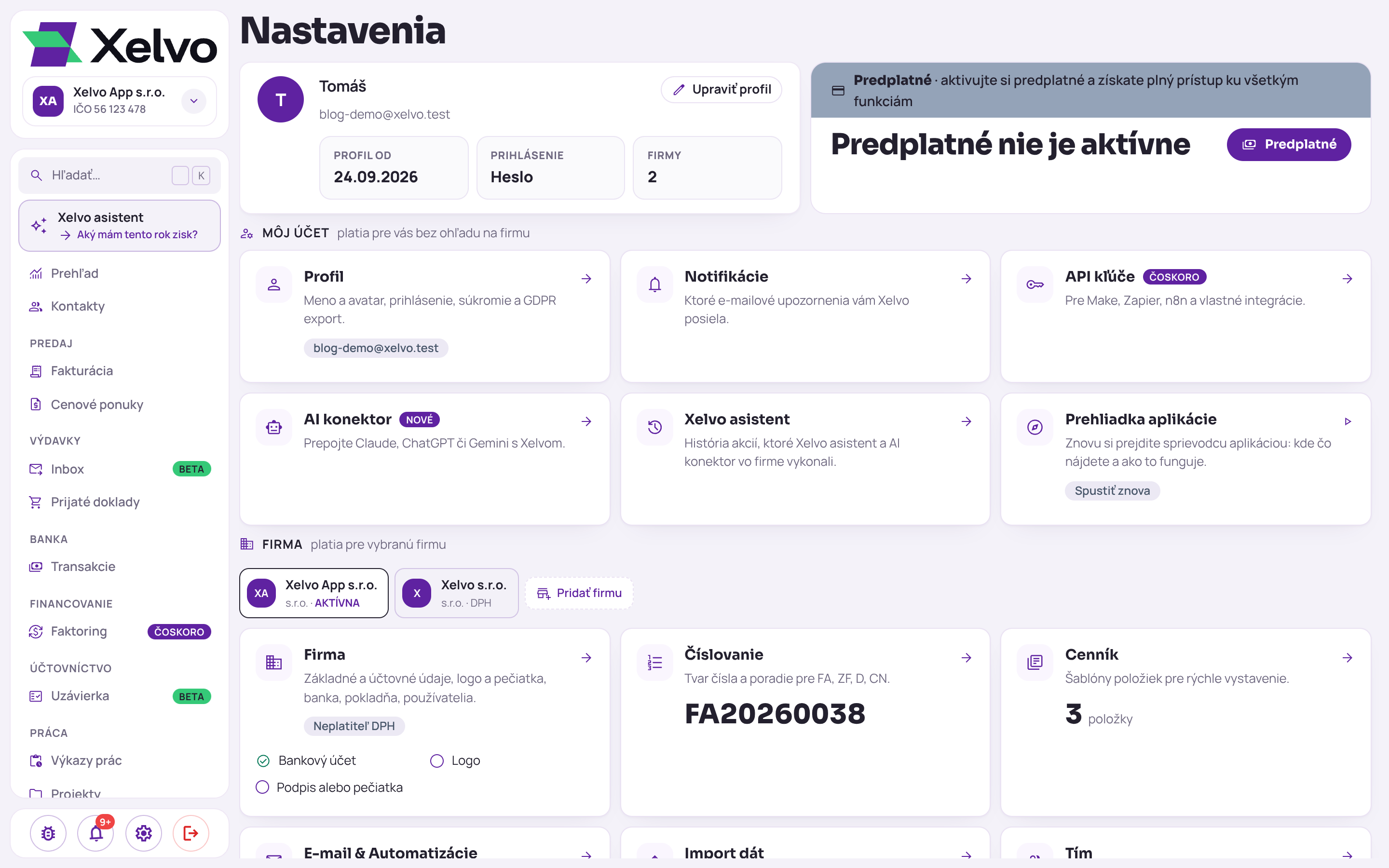 Nastavenia v Xelve na počítači: karta profilu, dlaždice časti Môj účet a pod nimi časť Firma s výberom firmy a dlaždicami Firma, Číslovanie a Cenník