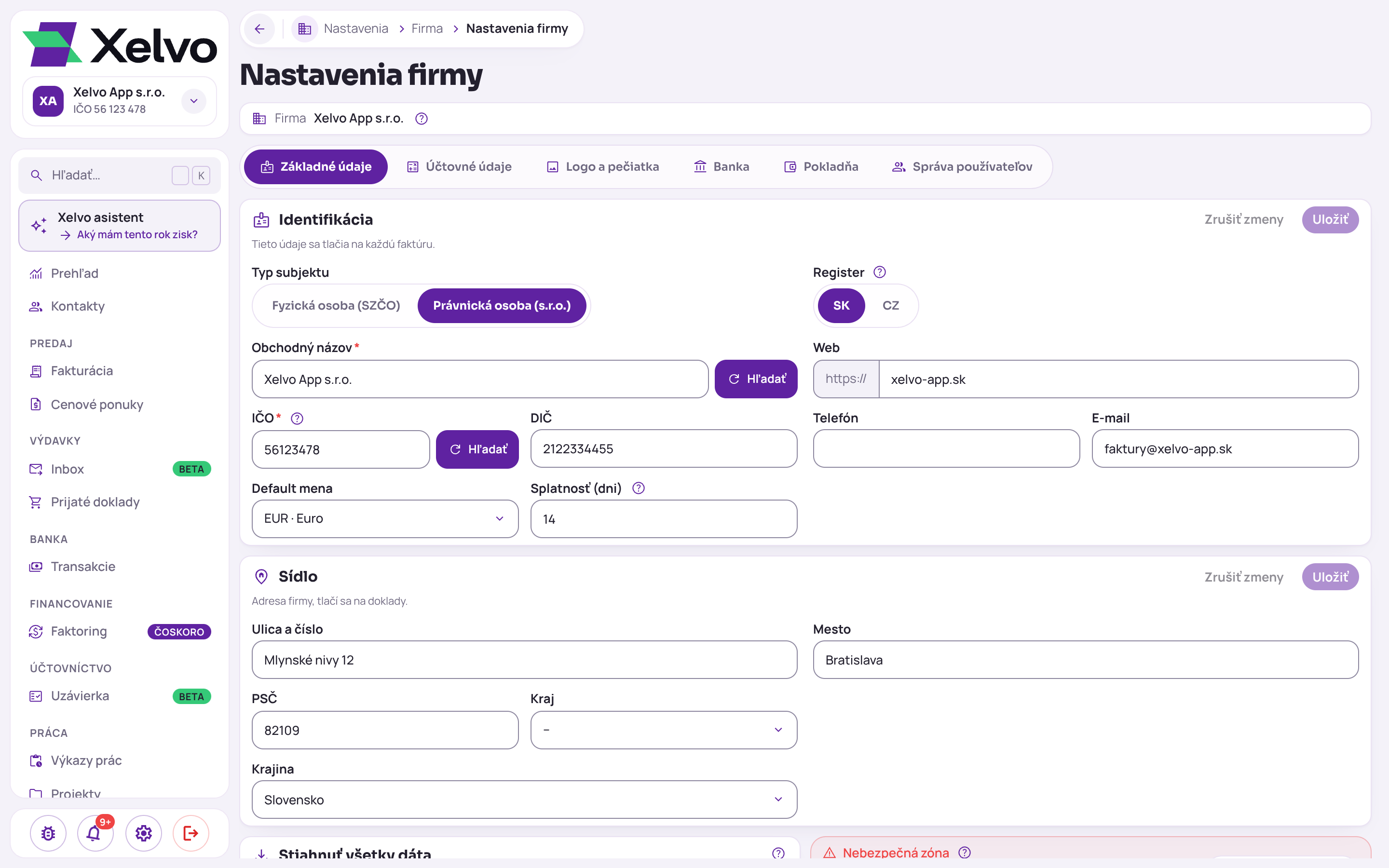 Nastavenia firmy v Xelve na záložke Základné údaje: typ subjektu, register SK a CZ, obchodný názov, IČO, DIČ, kontakty, predvolená mena, splatnosť a sídlo firmy