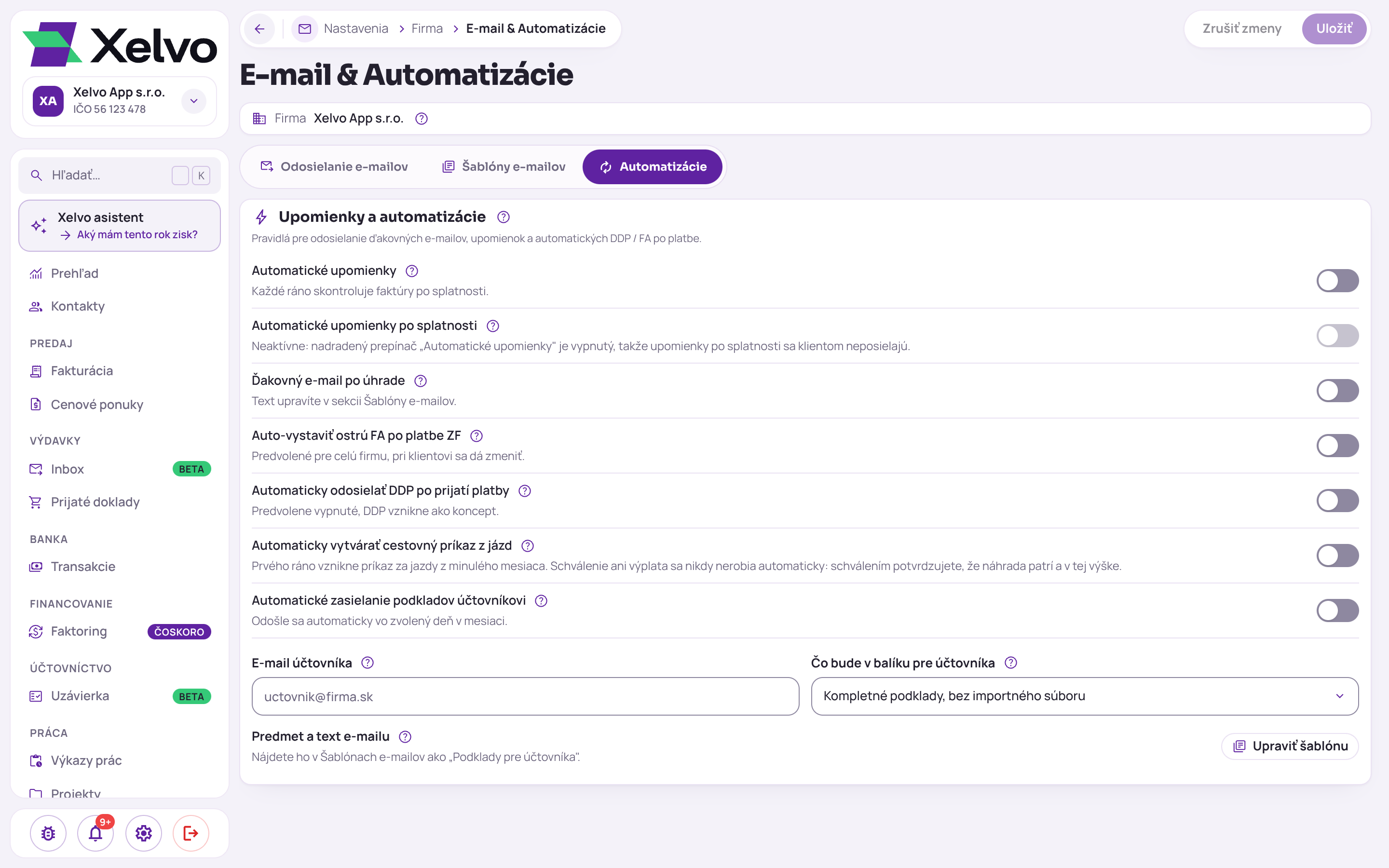 E-mail a Automatizácie na záložke Automatizácie: karta Upomienky a automatizácie s prepínačmi Automatické upomienky, Automatické upomienky po splatnosti, Ďakovný e-mail po úhrade a ďalšími automatizáciami, všetky vypnuté