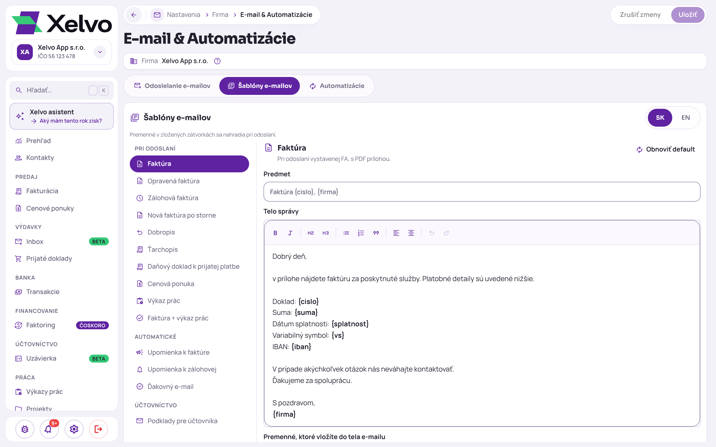 Šablóny e-mailov v slovenčine: zoznam šablón pri odoslaní a automatických vrátane Upomienka k faktúre, Upomienka k zálohovej a Ďakovný e-mail, vpravo predmet a telo šablóny faktúry s premennými