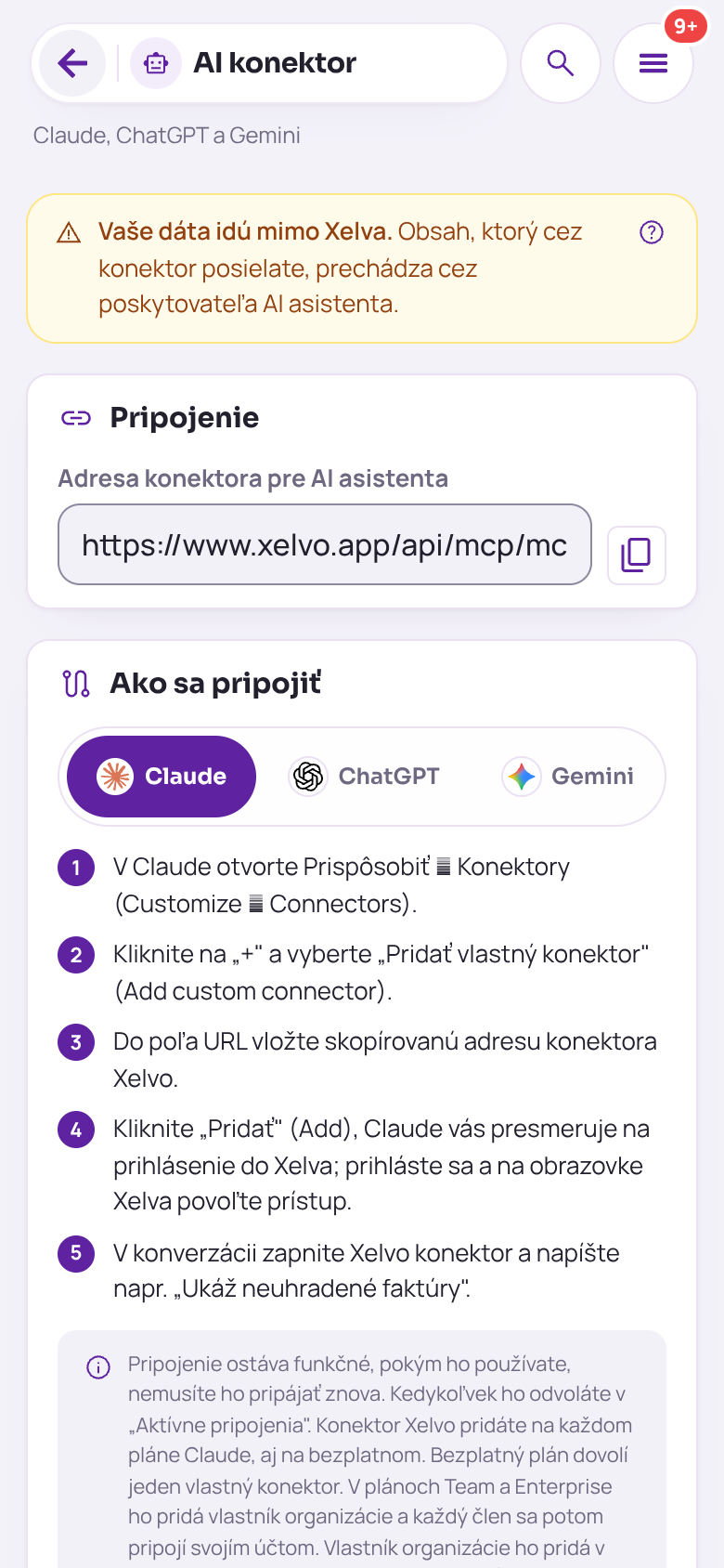 AI konektor na telefóne: upozornenie, že dáta idú mimo Xelva, adresa konektora s tlačidlom na kopírovanie a postup pripojenia ku Claude v piatich krokoch