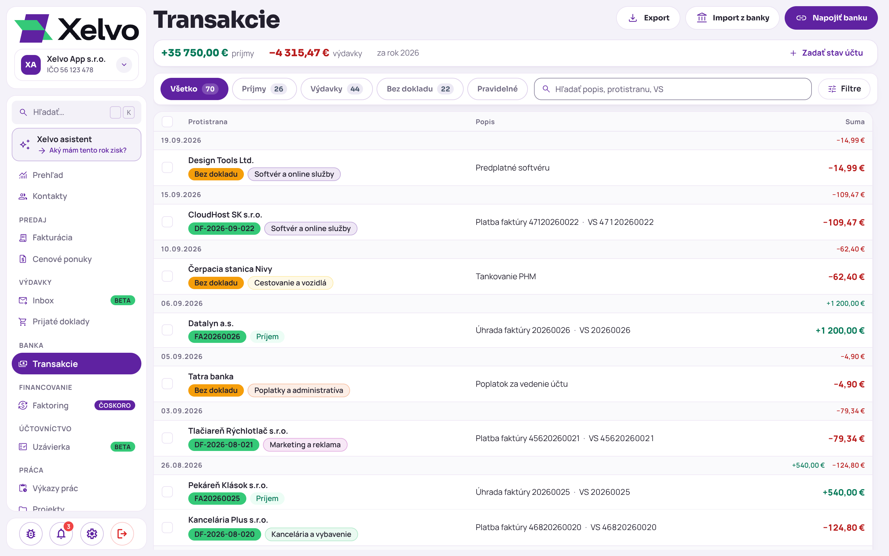 Transakcie z banky, pri platbách spárovaný doklad a kategória, pri pohyboch bez dokladu upozornenie Bez dokladu