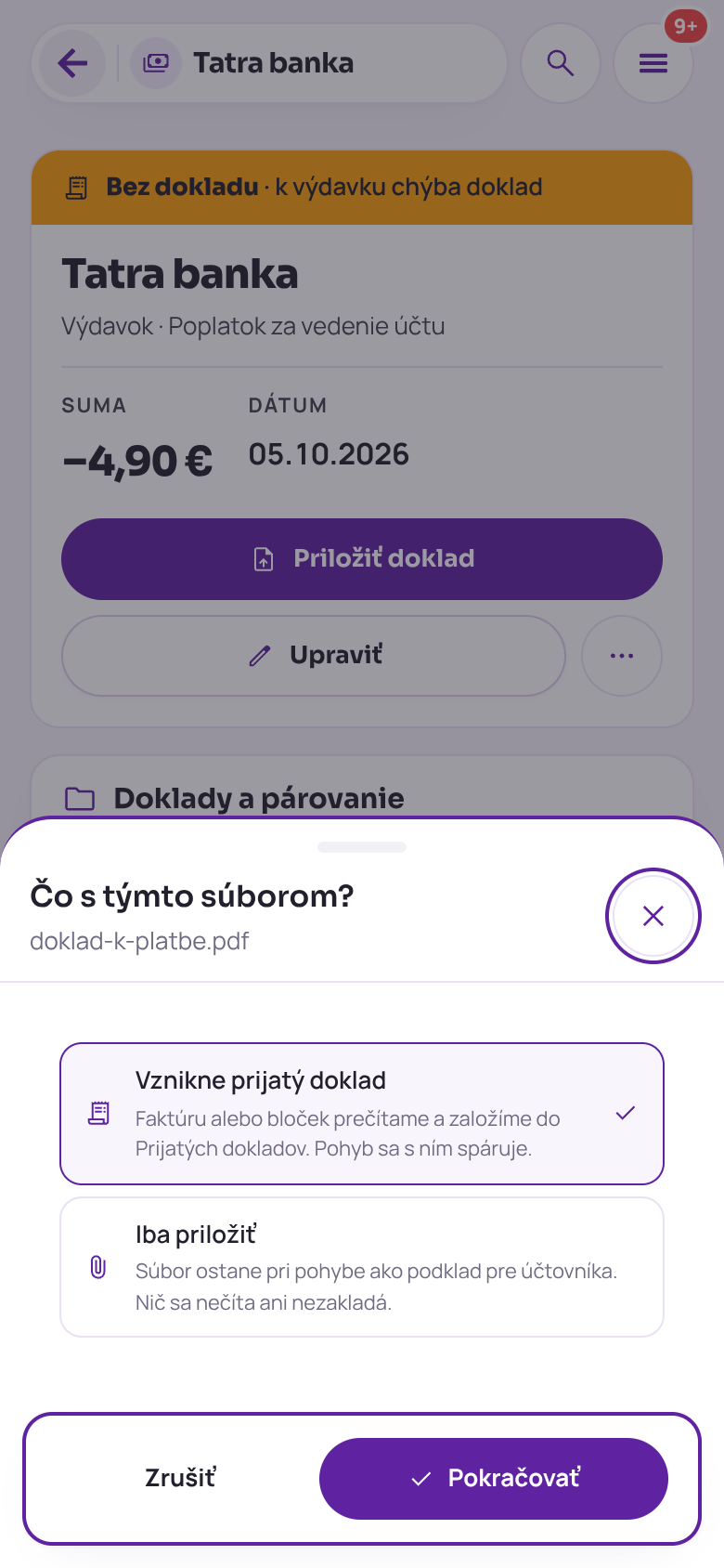 Hárok Čo s týmto súborom v telefóne nad výdavkom bez dokladu: voľby Vznikne prijatý doklad a Iba priložiť a tlačidlá Zrušiť a Pokračovať