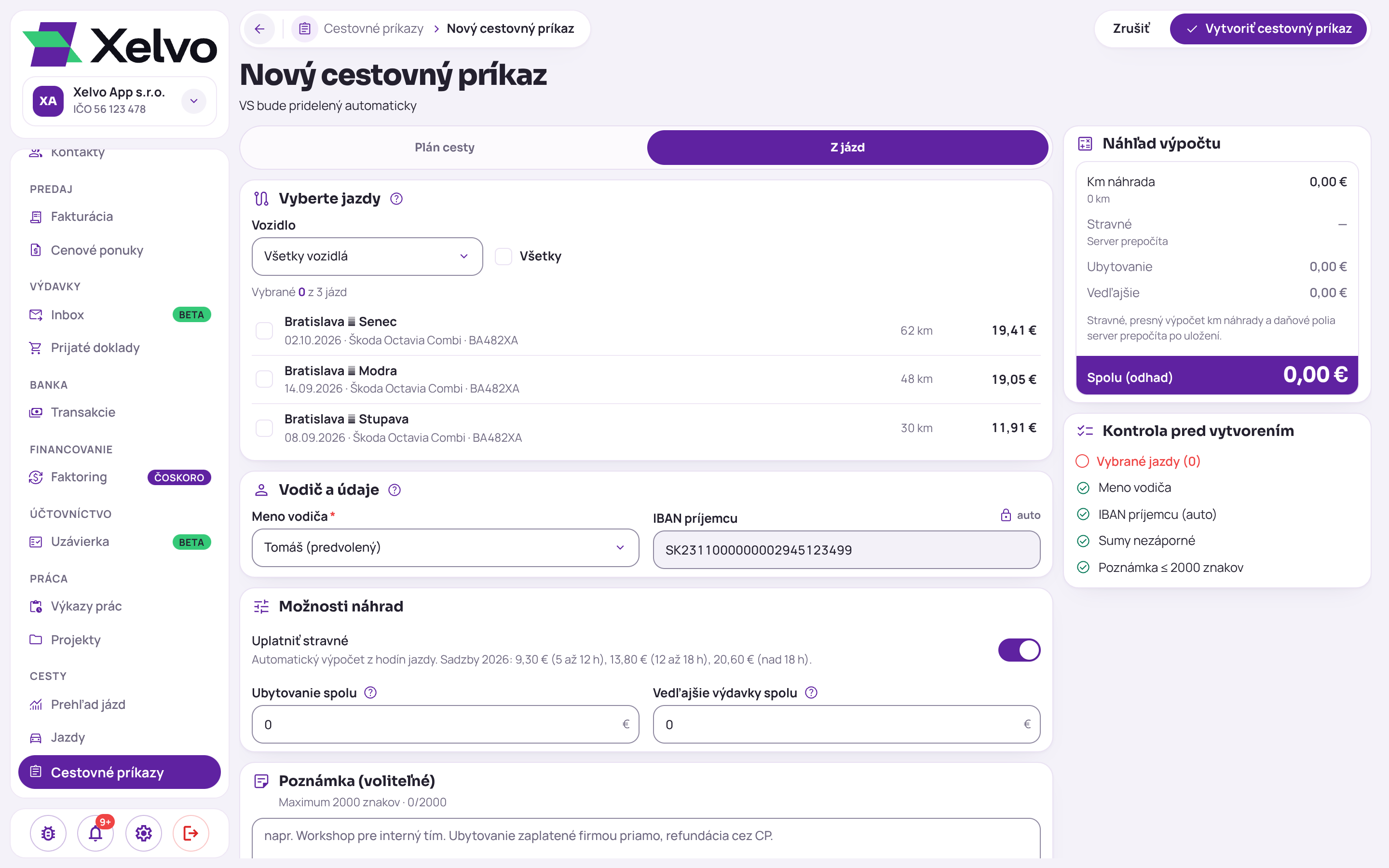 Nový cestovný príkaz s voľbou Z jázd: výber vozidla, tri jazdy bez príkazu s kilometrami a náhradou, vodič s IBAN príjemcu, prepínač Uplatniť stravné, ubytovanie a vedľajšie výdavky, vpravo náhľad výpočtu a kontrola pred vytvorením