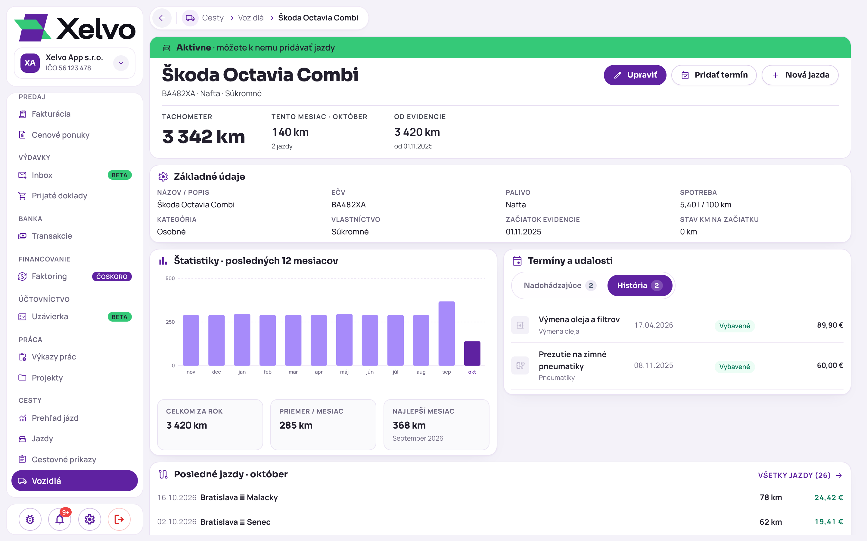 Detail vozidla s kartou Termíny a udalosti na záložke História: Výmena oleja a filtrov 17.04.2026 so štítkom Vybavené a nákladom 89,90 € a Prezutie na zimné pneumatiky 08.11.2025 s nákladom 60,00 €