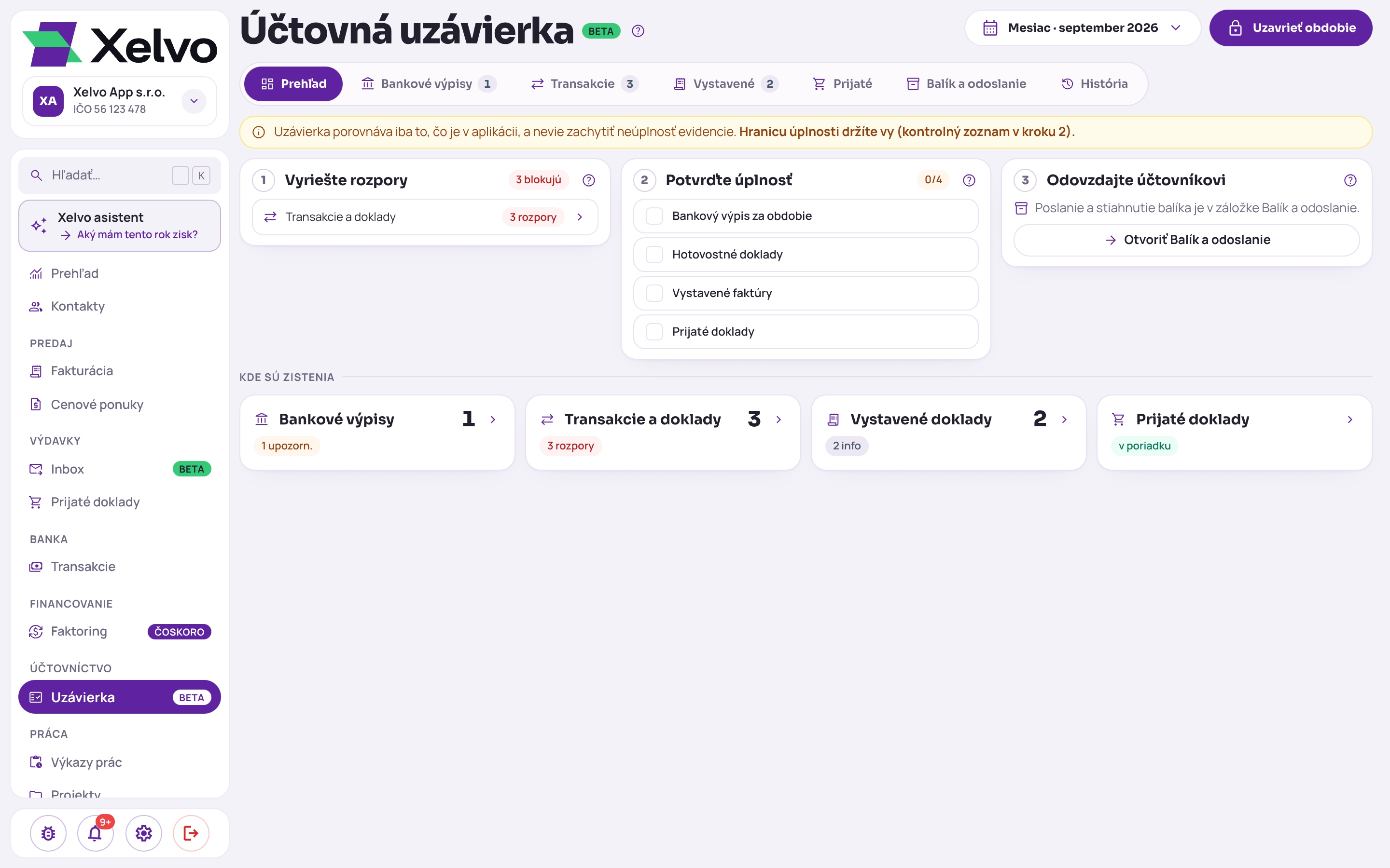 Účtovná uzávierka na počítači za september 2026, záložka Prehľad: kroky Vyriešte rozpory, Potvrďte úplnosť a Odovzdajte účtovníkovi a pod nimi karty Kde sú zistenia pre bankové výpisy, transakcie a doklady, vystavené a prijaté doklady
