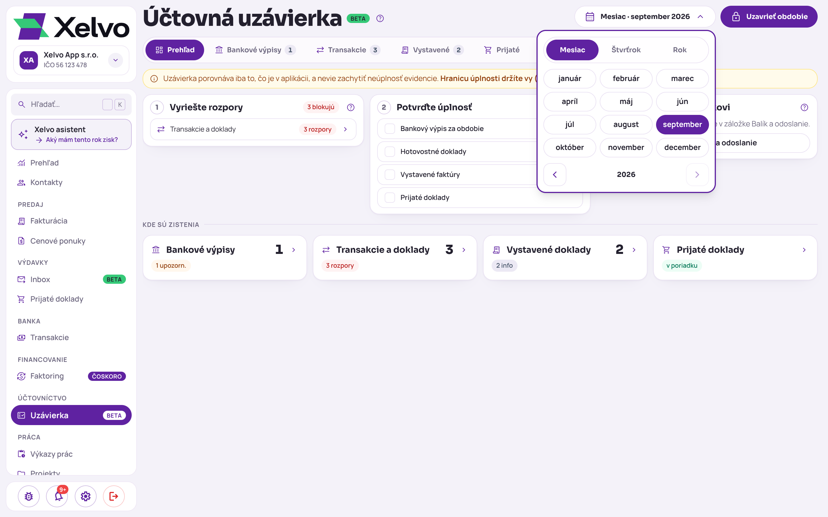 Účtovná uzávierka s otvoreným výberom obdobia: voľby Mesiac, Štvrťrok a Rok, mesiace január až december so zvoleným septembrom a rok 2026