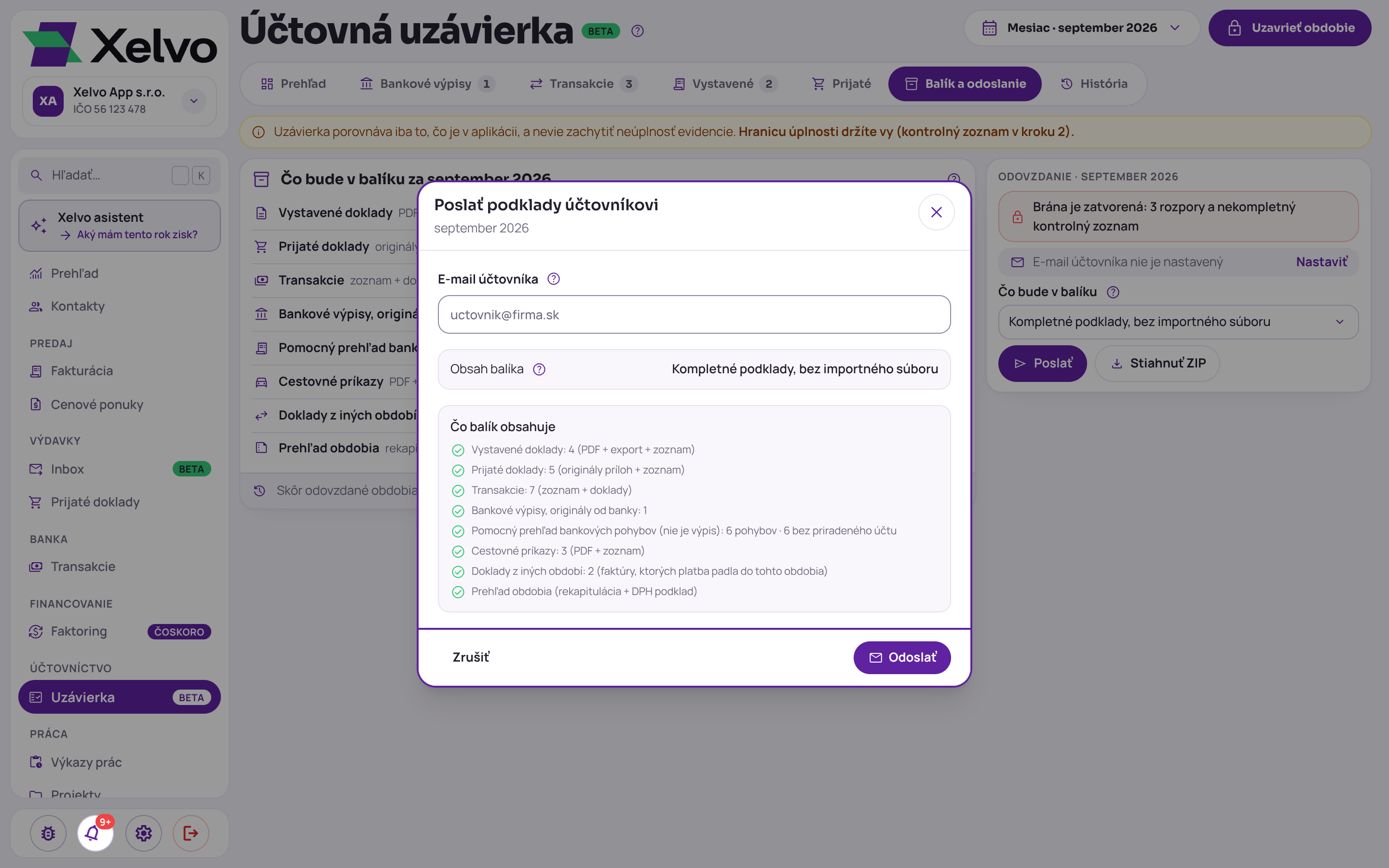 Okno Poslať podklady účtovníkovi za september 2026: e-mail účtovníka, obsah balíka Kompletné podklady a zoznam Čo balík obsahuje s počtami a tlačidlá Zrušiť a Odoslať