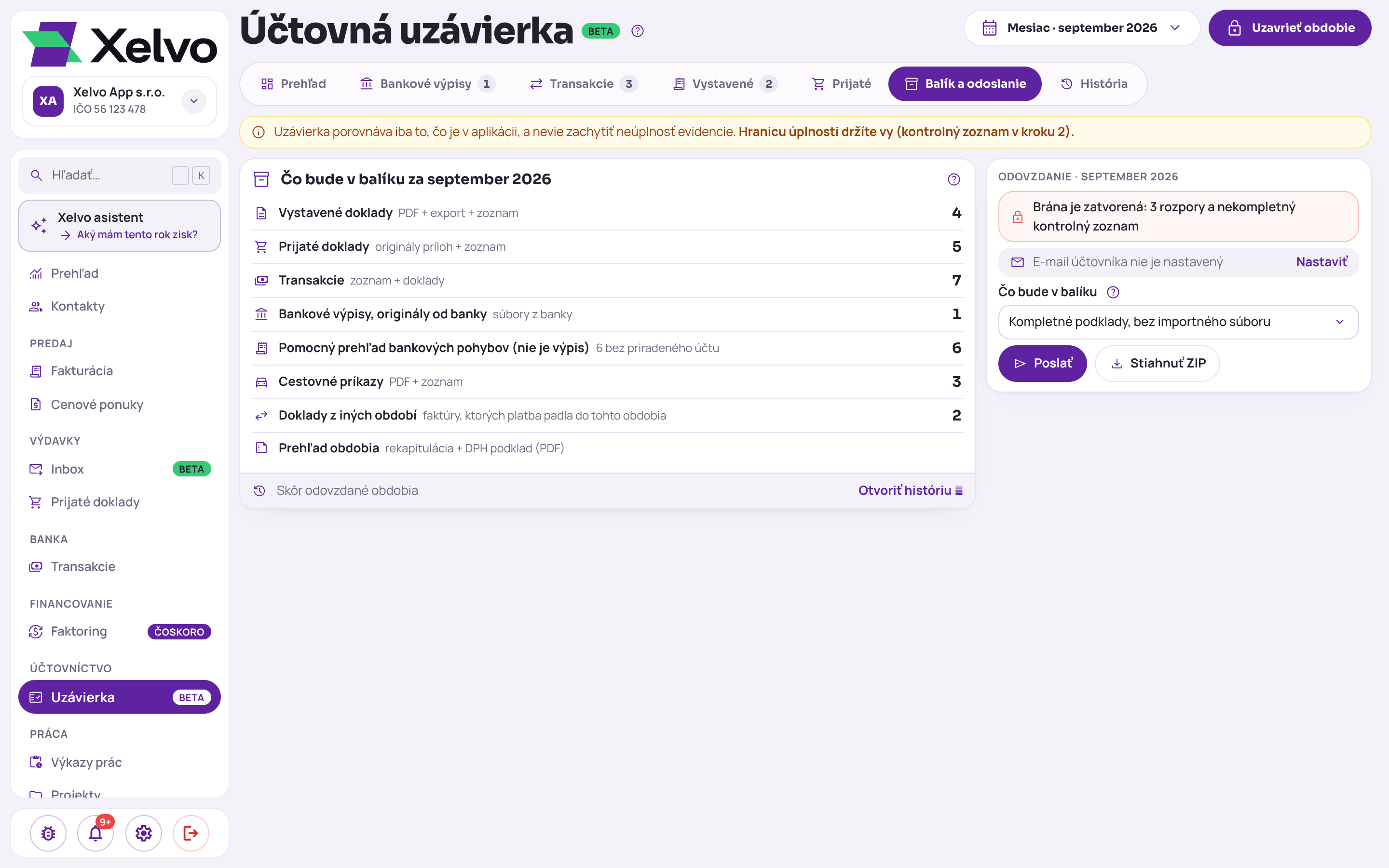 Uzávierka na záložke Balík a odoslanie: zoznam Čo bude v balíku za september 2026 s počtami vystavených a prijatých dokladov, transakcií, bankových výpisov a cestovných príkazov, vpravo odovzdanie s tlačidlami Poslať a Stiahnuť ZIP