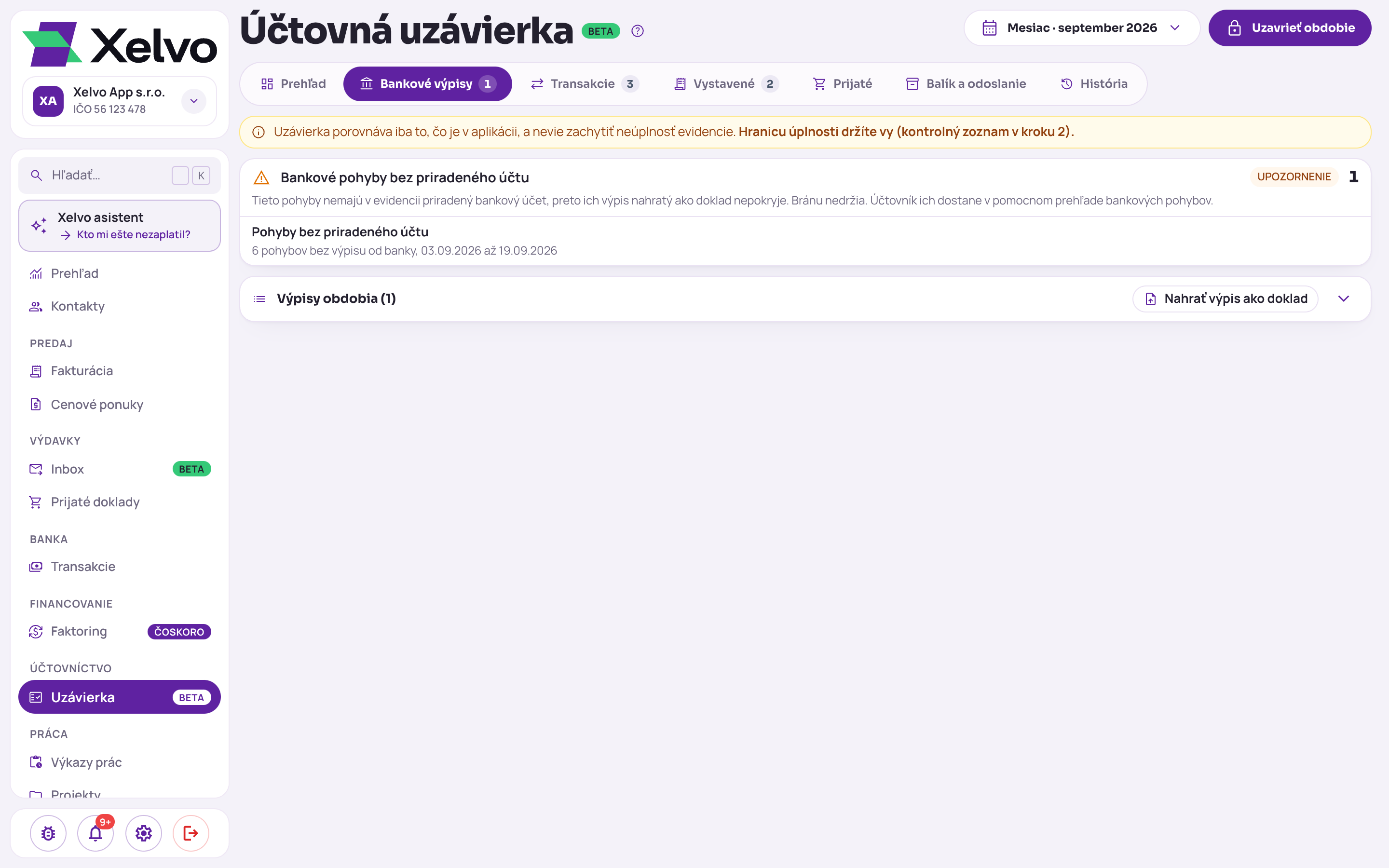 Uzávierka na záložke Bankové výpisy: upozornenie Bankové pohyby bez priradeného účtu s počtom pohybov a zbalený zoznam Výpisy obdobia s tlačidlom Nahrať výpis ako doklad