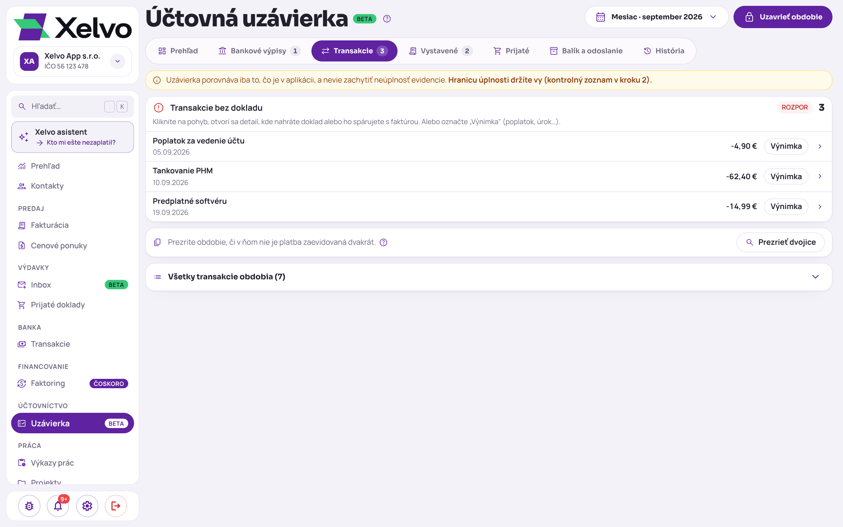 Uzávierka na záložke Transakcie: karta Transakcie bez dokladu s pohybmi, sumami a tlačidlom Výnimka pri každom, pod ňou Prezrieť dvojice a zbalený zoznam všetkých transakcií obdobia